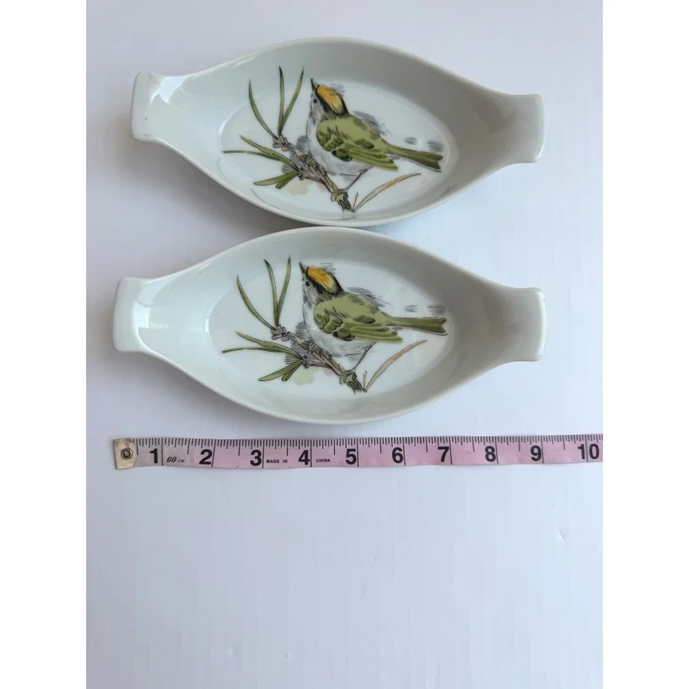Enesco Song Bird Fine China Trinket Dish Set of 2 Oval Bird Plates Vintage 1978